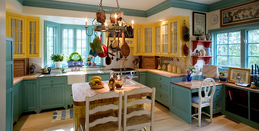 A colorful kitchen in Swedish style. Boone, North Carolina, USA